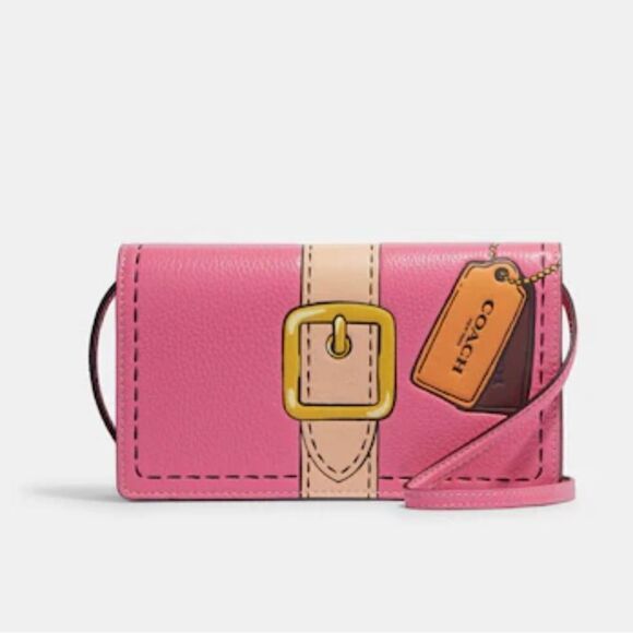 Coach Anna pink leather Foldover Clutch Crossbody with Trompe L'oeil Print - Picture 1 of 7
